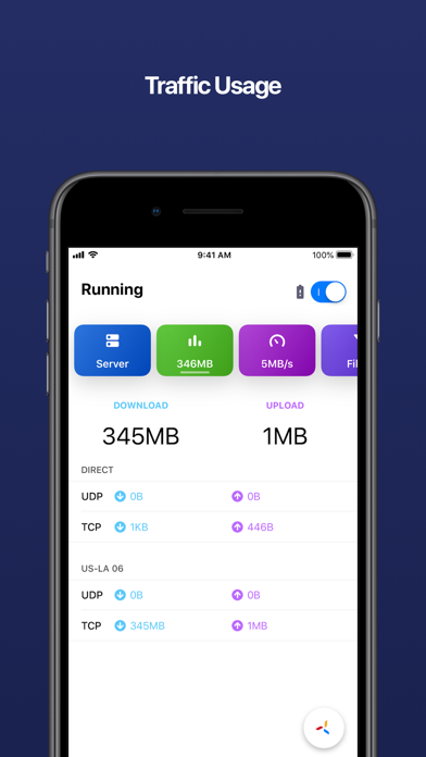 Quantumult X App Store 官方截图,展示 Running 首页和流量面板